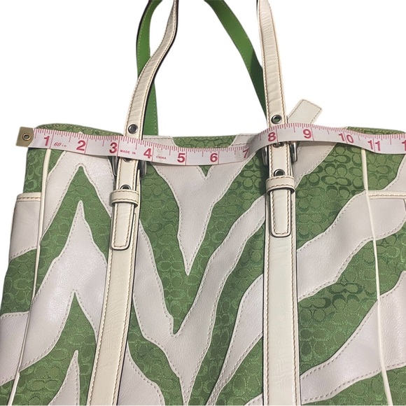 Coach Green & White Zebra Striped Signature Logo Tote - Picture 11 of 15